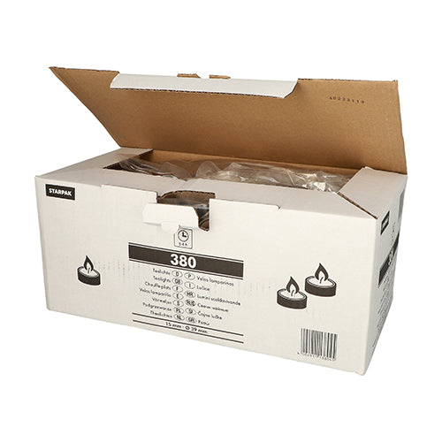 Valkoinen Starpak-merkkinen näyttökartonki näyttää avattuna useita tuikkukynttilöitä. Etiketissä lukee "Starpak 380 tuikkukynttilää Ø 39 mm · 15 mm valkoinen" ja se osoittaa, että laatikko sisältää 380 tuikkukynttilää.