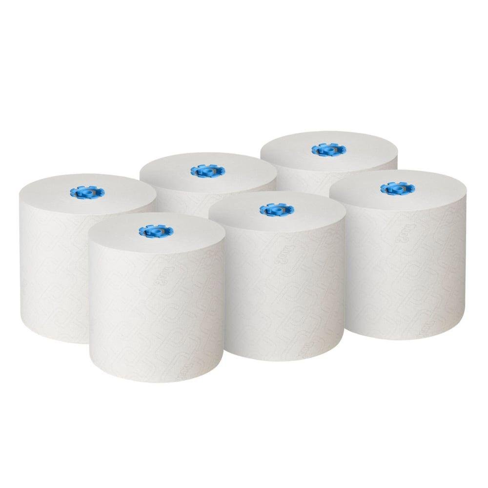 Kuusi Scott® Essential™ rullapyyhettä 6638 Suurrulla 1-kerroksinen Kimberly-Clark GmbH:lta on aseteltu kahteen riviin, kolme kussakin, valkoiselle taustalle. EU Ecolabel-sertifioidut pyyherullat on valmistettu Airflex-teknologialla.