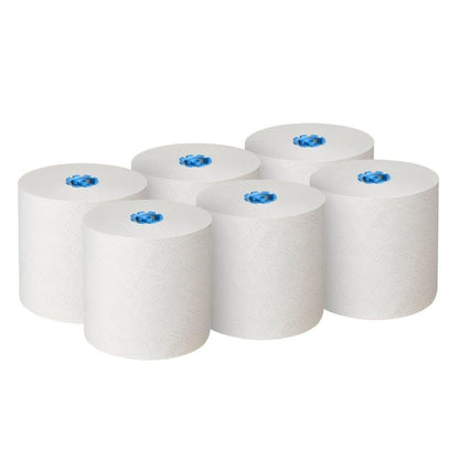 Kuusi Scott® Essential™ rullapyyhettä 6638 Suurrulla 1-kerroksinen Kimberly-Clark GmbH:lta on aseteltu kahteen riviin, kolme kussakin, valkoiselle taustalle. EU Ecolabel-sertifioidut pyyherullat on valmistettu Airflex-teknologialla.