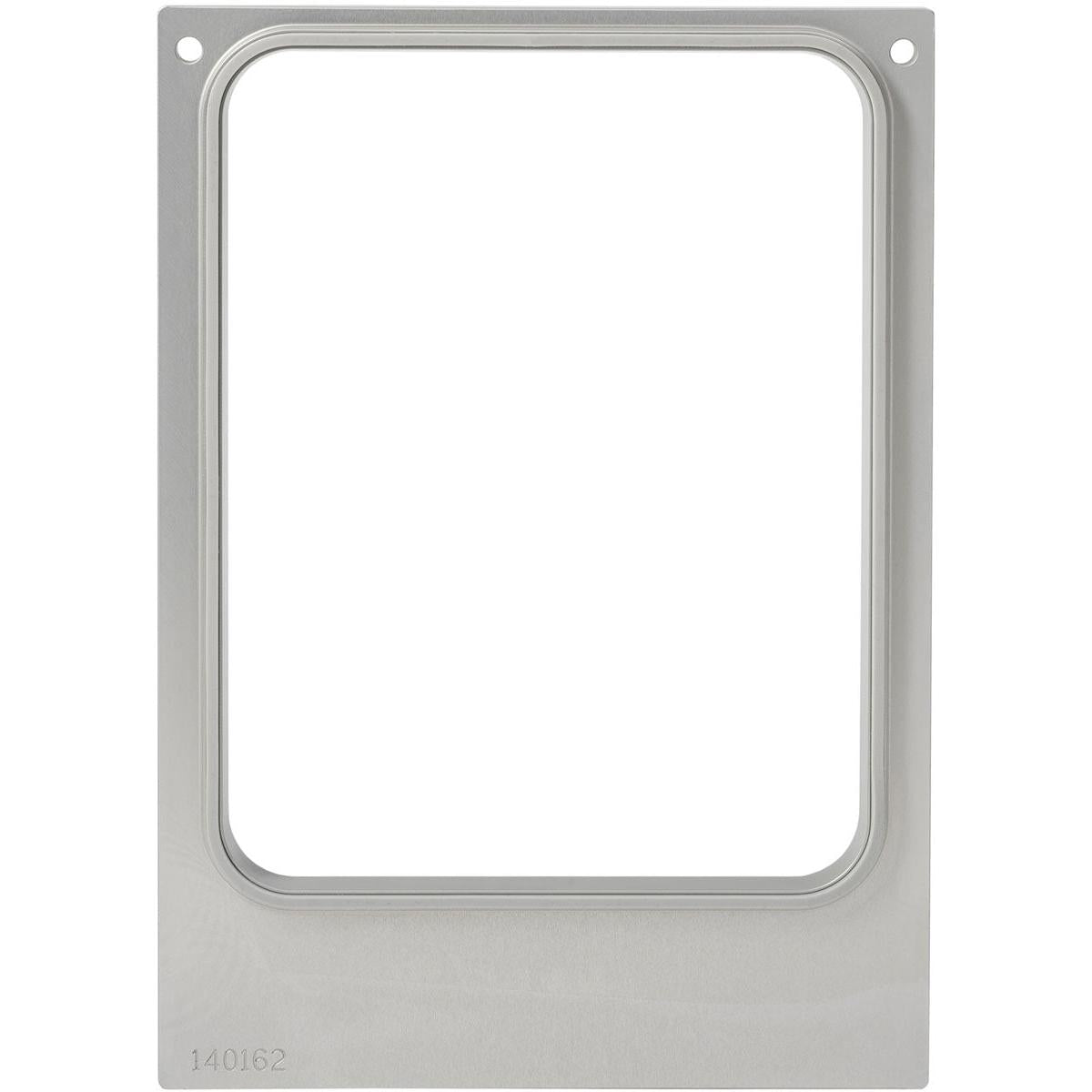 Kuvassa on suorakaiteen muotoinen Duni GmbH:n metallikehys, suunniteltu DF10/20-kasetille CPET-kulhoille 960, 1200, 1500 ml (Setti | Pakkaus 1 kappale), pyöristetyillä sisäreunoilla ja kahdella yläkulman reiällä. Alhaalla vasemmalla on kaiverrettu "140162".