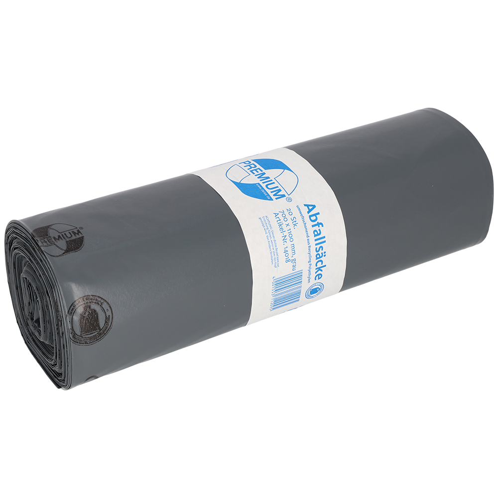 Eine Rolle EMIL DEISS KG (GmbH + Co.) DEISS 14018 grau Müllsäcke (700x1100x0,1 mm, 20 Stück) liegt sauber verpackt mit einem weiß-blauen Etikett mit Text und Barcode auf weißem Grund.