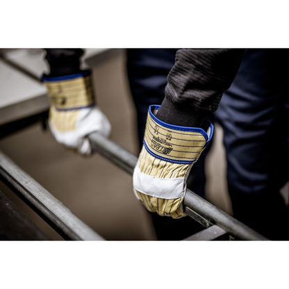 NITRAS POSEIDON, täysjyvät lehmännahkaiset hanskat, keltainen / siniset raidat / harmaa, EN 388 puuvillaa | Paketti (12 paria)