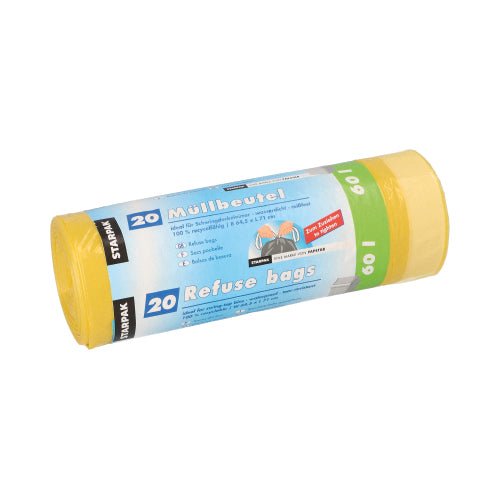 Keltainen Starpak 20 -roskapussirulla, jossa on vetonauha (60 l, 71 x 64,5 cm, HDPE), on varustettu sinivalkoisella etiketillä, jossa on monikielinen brändäys ja ohjeet. Pakkauksessa on painatus ”20 roskapussia” ja se sisältää 20 kappaletta.
