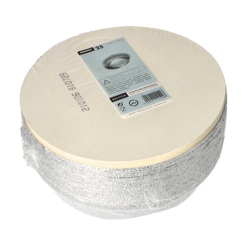 Pinottu pyöreä, hopeanvärinen Starpak 25 vuoka, alumiini + sisäkansi on kääritty muoviin ja varustettu beige-etiketillä ja viivakoodilla, joten ne ovat Starpakilta ihanteellisia catering- tai take-away-palveluihin.
