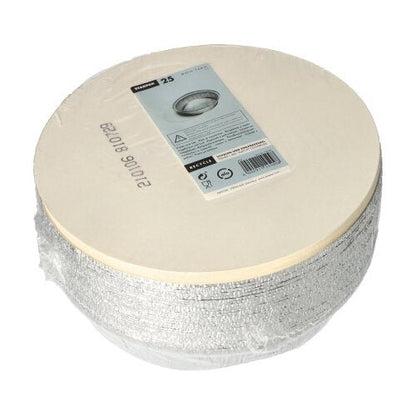 Pinottu pyöreä, hopeanvärinen Starpak 25 vuoka, alumiini + sisäkansi on kääritty muoviin ja varustettu beige-etiketillä ja viivakoodilla, joten ne ovat Starpakilta ihanteellisia catering- tai take-away-palveluihin.