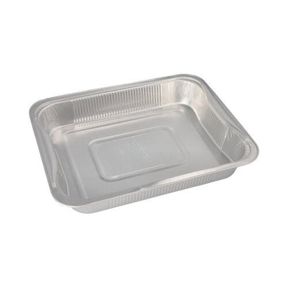 Starpak 3 Gastronorm-astia on suorakulmainen kertakäyttöinen alumiinivuoka (3,4 l, 5 x 26,2 x 32,2 cm), ihanteellinen elintarvikkeiden säilytykseen tai GN-astiana. Kuva tyhjänä valkoisella taustalla. 3 kappaleen pakkaus kutistekalvossa.