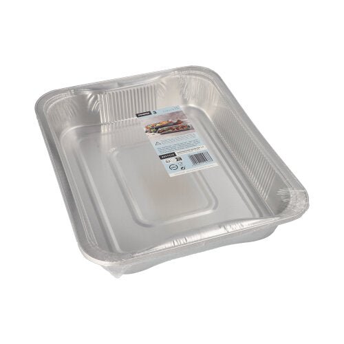 Pakkaus, jossa on 3 suorakulmaista Starpak-Gastronorm-astiaa alumiinista (3,4 l, 5 x 26,2 x 32,2 cm), pinottuna ja kutistekalvolla yläetiketillä käärittynä.