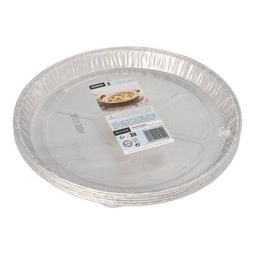 Viisi pyöreää Starpak-alumiinileivontavuokaa (Ø 27 cm, 2,2 cm) on pinottu ja kääritty kutistekalvoon. Ylämerkissä on brändi, tuotetiedot ja kuva leivotusta kakusta.