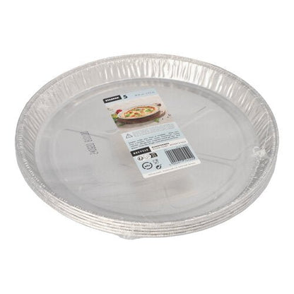 Viisi pyöreää Starpak-alumiinileivontavuokaa (Ø 27 cm, 2,2 cm) on pinottu ja kääritty kutistekalvoon. Ylämerkissä on brändi, tuotetiedot ja kuva leivotusta kakusta.