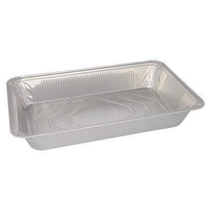 Suorakulmainen Starpak 3 Gastronorm-säiliö, kertakäyttöinen alumiininen leivontavuoka (8,5 l, 8 cm x 32,6 cm x 52,7 cm), tyhjä, korotetut reunat ja tasainen pohja yksinkertaista valkoista taustaa vasten.