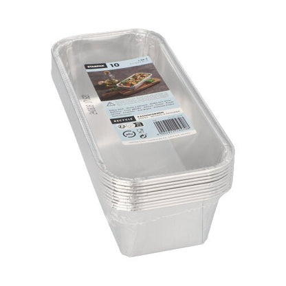 Pakkaus, jossa on 10 suorakulmaista Starpak-leivontamuottia (alumiinimuotit, 1,09 l, 6 x 10,2 x 23 cm) läpinäkyvässä pakkauksessa, jossa on tuotetarra ja kuva leivonnaisista.