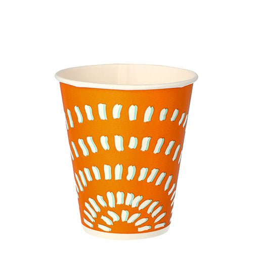 Starpak 100 juomamuki kylmille juomille on oranssia designia, jossa on valkoisia ja vaaleansinisiä viivoja, valkoinen sisäpuoli ja tilavuus 100 ml - ihanteellinen kertakäyttöiseksi kylmäjuomamukiksi.