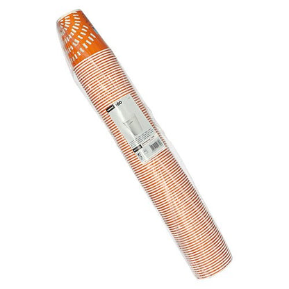 Pakkaus, jossa on 100 Starpak kertakäyttöistä pahvimukia (juomamukia kylmille juomille), 100 ml kukin, oranssi-valkoraidallinen, pakattu läpinäkyvään muoviin, jossa on tuotetietoetiketti keskellä.