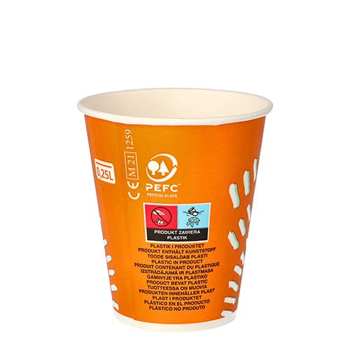 Starpak 100 juomamukit kylmille juomille, pahvia (0,25 l), oranssi valkoisilla grafiikoilla, ovat PEFC-sertifioituja eivätkä sovellu muovinkierrätykseen.