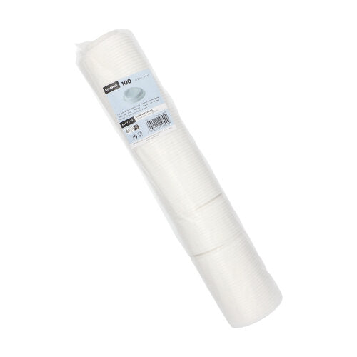 Suljettu muovipakkaus, jossa on 100 valkoista Starpak "To Go"-domkansikuppia (PS, pyöreä), kuvattu vinosti näkyvällä tuote-etiketillä - ihanteellinen kuumille juomille matkalla. Merkki: Starpak.