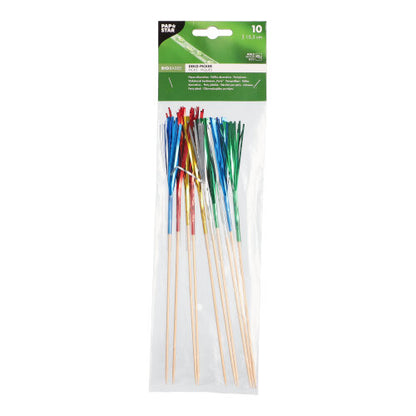 Läpinäkyvä muovipakkaus, jossa on 10 PAPSTAR Deko-Picker PAPSTAR GmbH:lta, jokaisessa kiiltäviä punaisia, sinisiä, vihreitä tai hopeisia metallisia hapsuja. Ihanteellinen sormiruoalle, pakkauksessa on vihreä tuoteinformaatiotarra yläreunassa.