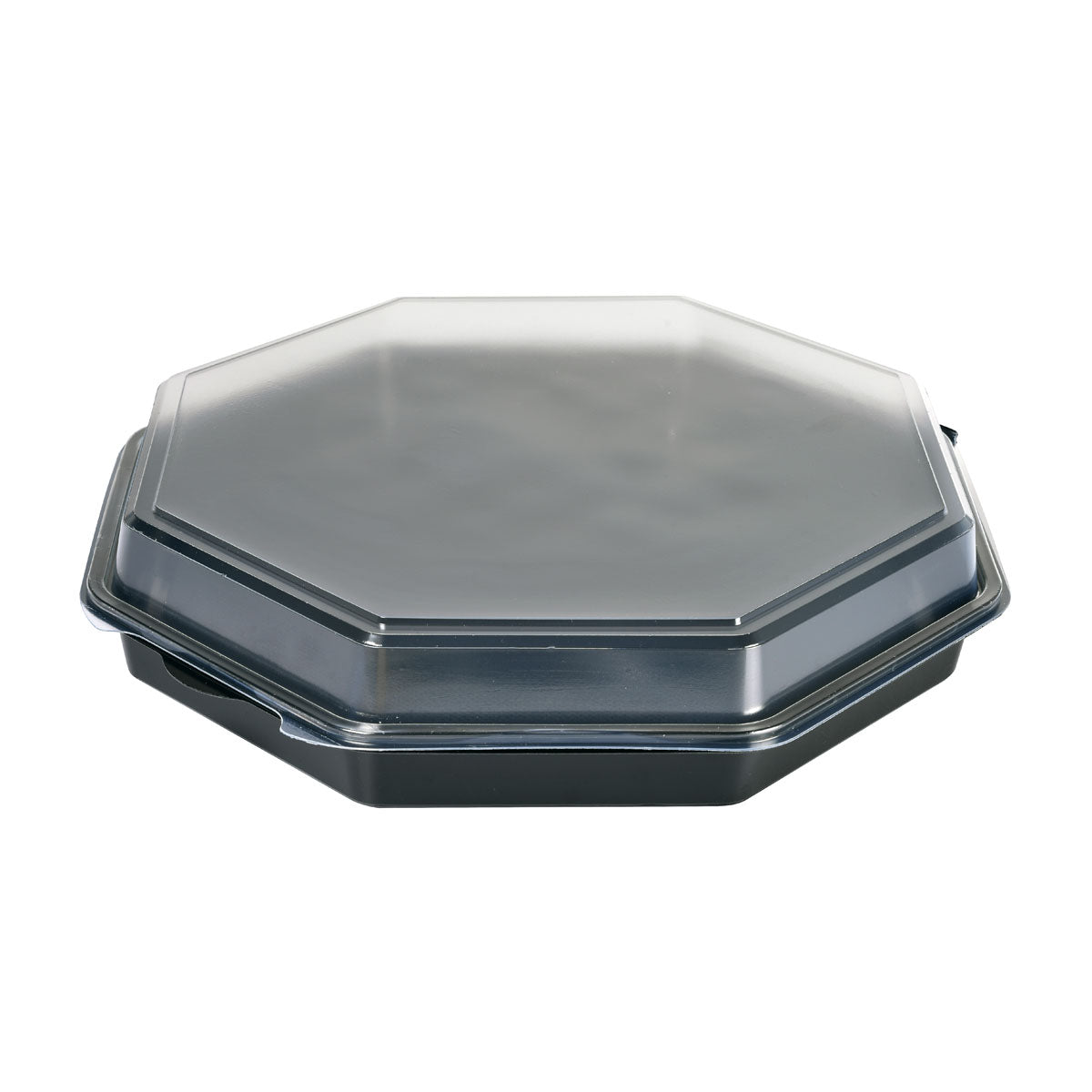 Suljettu Octaview® Musta/Läpinäkyvä PS 305x305x60 Takeout-säiliö Duni GmbH:ltä on kuvattu valkoisella taustalla ja esittelee sen käytännöllisen muotoilun ravintolapakkauksiin; pakkauksessa on 75 kappaletta.