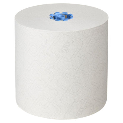 Suuri Scott® Essential™ rullapyyhe 6638 Kimberly-Clark GmbH:lta, 1-kerroksinen valkoinen paperipyyherulla sinisellä muoviytimellä, seisoo pystyasennossa yksinkertaisella valkoisella taustalla. Pinnalla näkyy hienovaraisia kuvioita ja "Scott".