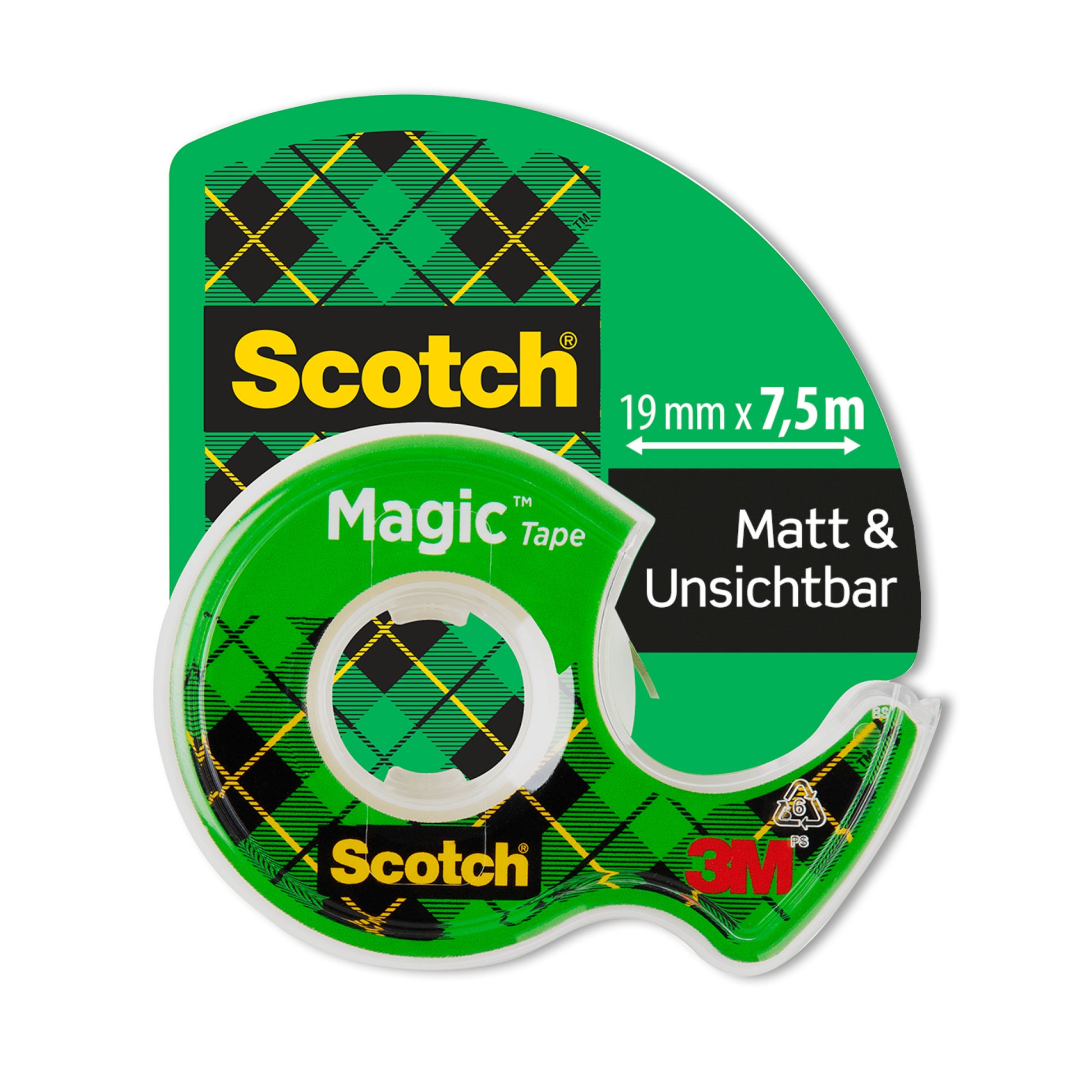 Eine einzelne Rolle Scotch® Magic™ Unsichtbares Klebeband (19 mm x 7,5 m) wird in einer grün karierten Verpackung mit einem durchsichtigen Spender geliefert, auf dem die Logos von 3M und Scotch abgebildet sind. Hersteller: 3M Deutschland GmbH.