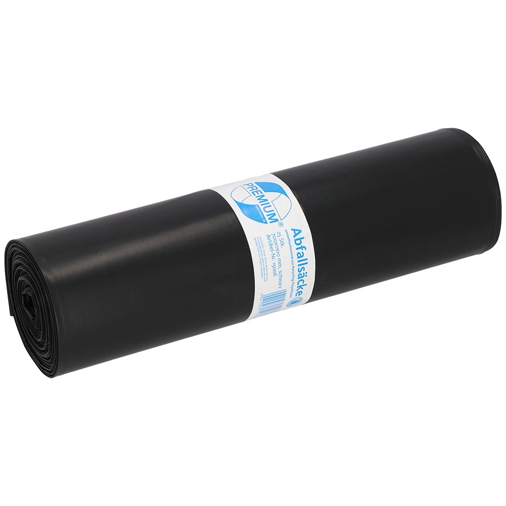 Eine aufgerollte EMIL DEISS KG (GmbH + Co.) Mülltüte mit der Aufschrift "DEISS 15006 - 700x1100 mm Typ 100 schwarz | Rolle (25 Stück)" mit einem weiß-blauen Band in der Mitte, auf weißem Hintergrund.