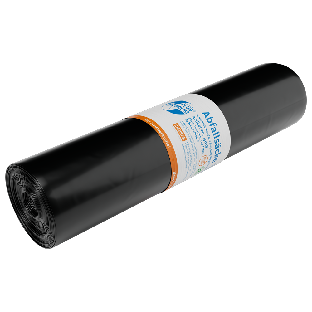 Abgebildet ist eine Rolle DEISS 15018 Müllsäcke (700x1100 mm, schwarz, 25 Stück) der EMIL DEISS KG (GmbH + Co.) auf weißem Untergrund - ideal für eine effiziente Abfallentsorgung und als meistverkaufte Abfallsäcke ausgezeichnet.