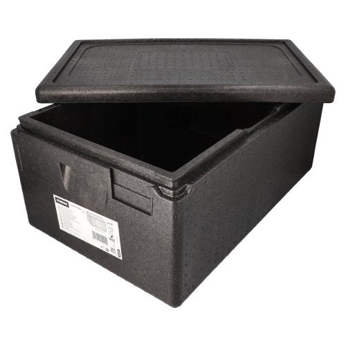 Musta Starpak-eristyskuljetussäiliö, EPP 60 cm x 40 cm „Gastro-Norm 1/1“, on osittain avoin kansi, joka näyttää tyhjän sisätilan, ja etiketissä on viivakoodi – täydellinen ravintolakäyttöön.