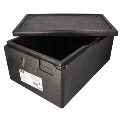 Musta Starpak-eristyskuljetussäiliö, EPP 60 cm x 40 cm „Gastro-Norm 1/1“, on osittain avoin kansi, joka näyttää tyhjän sisätilan, ja etiketissä on viivakoodi – täydellinen ravintolakäyttöön.