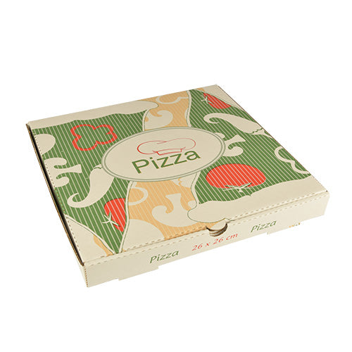 PAPSTAR 100 pizzalaatikot PAPSTAR GmbH:ltä ovat neliönmuotoisia, ympäristöystävällisiä laatikoita puhtaasta selluloosasta, joiden mitat ovat 26x26 cm. Niissä on värikkäitä pizzagrafiikoita vihreänä, oranssina ja punaisena sekä "Pizza"-painatus yläosassa ja sivuilla.