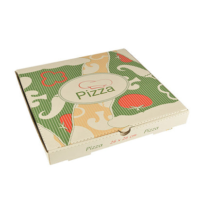 PAPSTAR 100 pizzalaatikot PAPSTAR GmbH:ltä ovat neliönmuotoisia, ympäristöystävällisiä laatikoita puhtaasta selluloosasta, joiden mitat ovat 26x26 cm. Niissä on värikkäitä pizzagrafiikoita vihreänä, oranssina ja punaisena sekä "Pizza"-painatus yläosassa ja sivuilla.