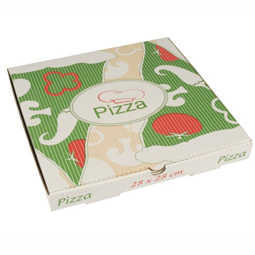 PAPSTAR 100 pizzalaatikot PAPSTAR GmbH:ltä erottuvat värikkäällä designillaan vihreillä raidoilla, punaisilla tomaateilla, valkoisilla sienillä ja kannessa olevalla "Pizza"-tekstillä. Valmistettu puhtaasta selluloosasta, jokainen laatikko on kooltaan 28 x 28 cm ja on ympäristöystävällinen.