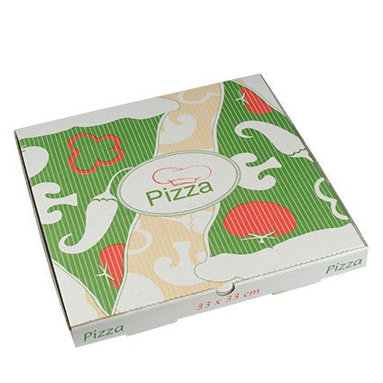 Kuvassa on suljettu PAPSTAR 100 pizzalaatikko PAPSTAR GmbH:ltä, joka on valmistettu puhtaasta selluloosasta värikkäällä kasvisdesignilla vihreänä, punaisena ja beigenä, ja kannessa sekä sivussa on teksti "Pizza"; mitat ovat 33 x 33 cm.