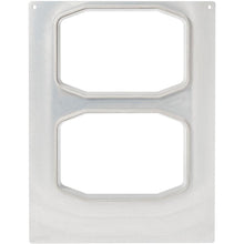 Eine rechteckige Metallplatte mit zwei großen, vertikal ausgerichteten achteckigen Ausschnitten und Löchern in den oberen Ecken, die für die Montage der Duni GmbH Kassette DF15/25 für PP-Schale HMR 840-1395 ml - 2-nutzig System vorgesehen ist.