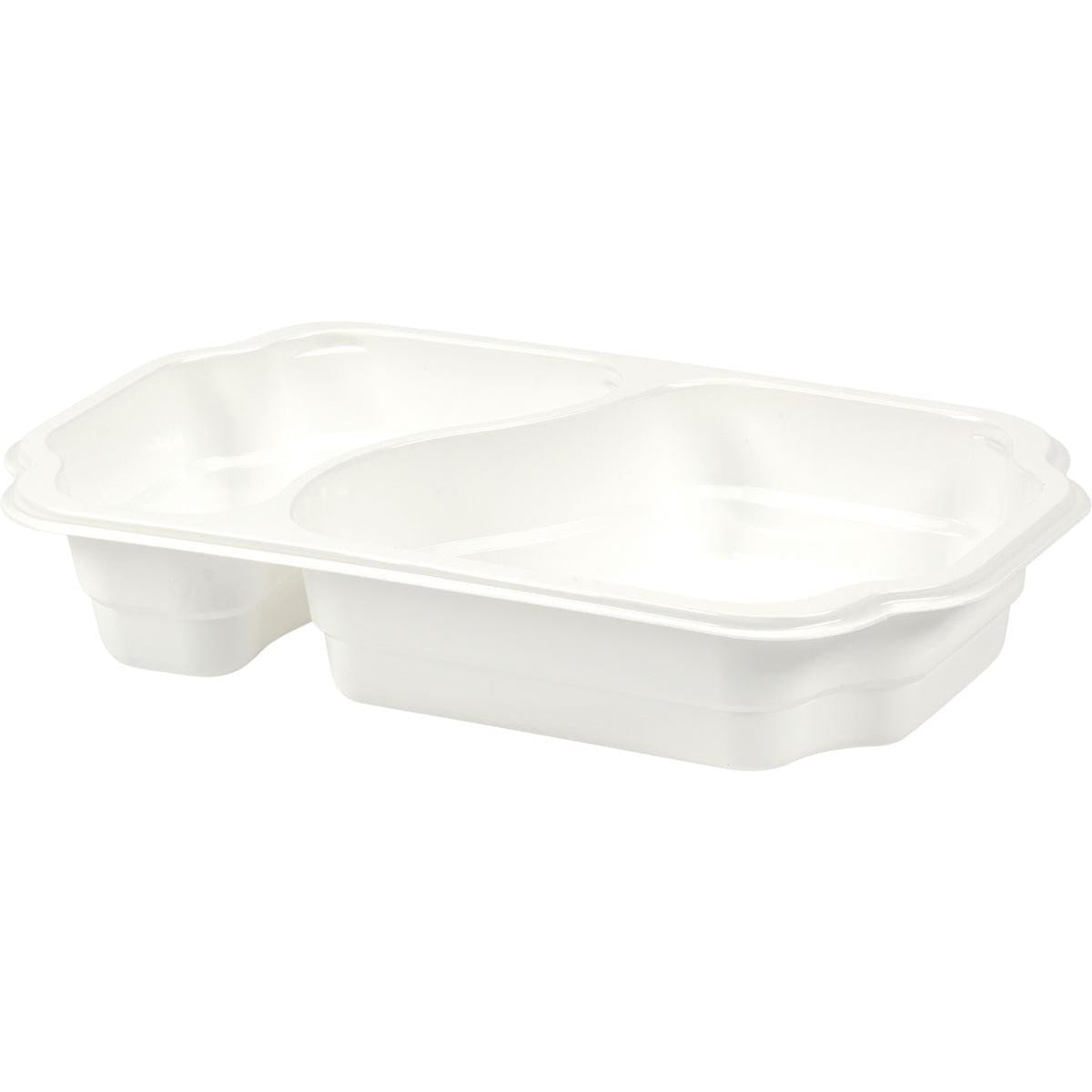 Eine weiße, rechteckige PP-Schale Take-Away 250x159x45 mm von Duni GmbH mit zwei Fächern, lebensmittelecht, Verpackung mit 246 Stück - ideal für Snacks, aus leicht erhöhter Perspektive vor neutralem Hintergrund.
