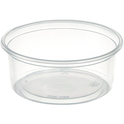 Ein klarer, runder Delipack rund Transparent PP 101x101 Behälter von Duni GmbH (Packung: 50 Stück) mit glattem Rand und ohne Deckel steht auf weißem Hintergrund. Recycling- und lebensmittelsichere Symbole sind sichtbar-ideal zur Aufbewahrung.