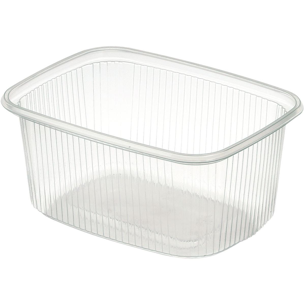 Selkeä, suorakulmainen Delipack suorakulmainen läpinäkyvä PP-elintarvikesäiliö Duni GmbH:lta, jossa on pystysuorat sivu-uurteet ja ilman kantta, on kuvattu valkoisella taustalla.