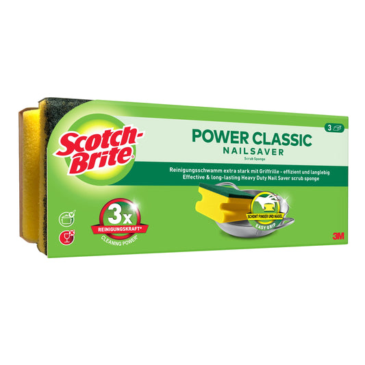 Eine 3M Deutschland GmbH Scotch-Brite® Classic Griffschwamm-Packung (3 Stück) mit gelb-grünen Schwämmen, auffälligem Branding und einem Text, der die effektive Reinigung und den Schutz der Nägel hervorhebt.