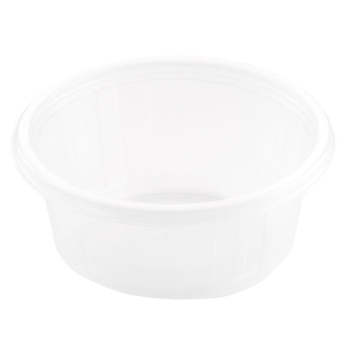 Fixpack® pyöreä läpinäkyvä PP-säiliö Duni GmbH:lta on kirkas, pyöreä tyhjä säiliö, jossa on hieman kohotettu reuna, esitettynä viistosti valkoista taustaa vasten.
