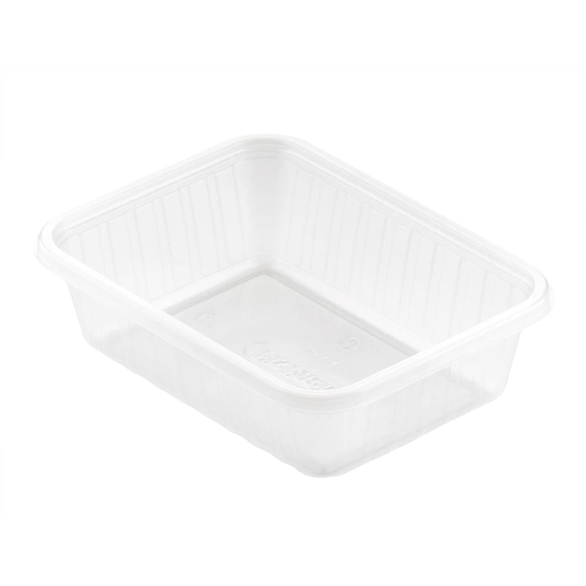 Kuvassa on Fixpack® suorakulmainen läpinäkyvä PP 146x110mm säilytyslaatikko Duni GmbH:lta, jossa on uurretut sivut ja ilman kantta valkoisella taustalla.