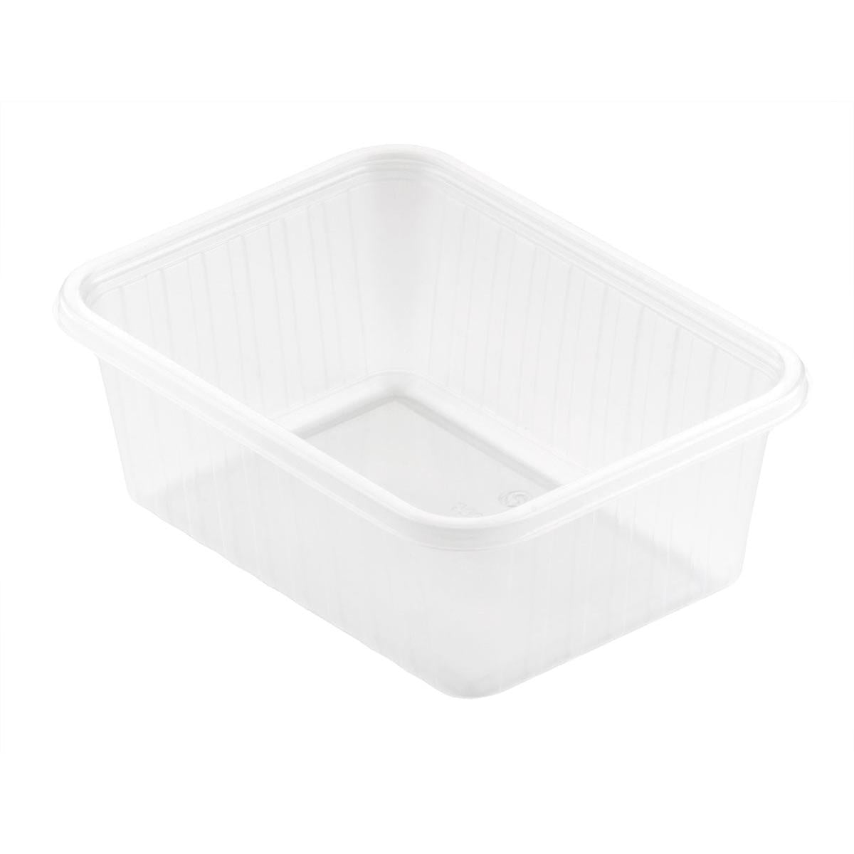 Fixpack® suorakulmainen läpinäkyvä PP 146x110mm Duni GmbH:lta on suorakulmainen, kirkas säilytyslaatikko, jossa on hieman korotetut reunat ja sileä pinta. Tyhjä säiliö seisoo valkoisella pohjalla ja on avoin ylhäältä.