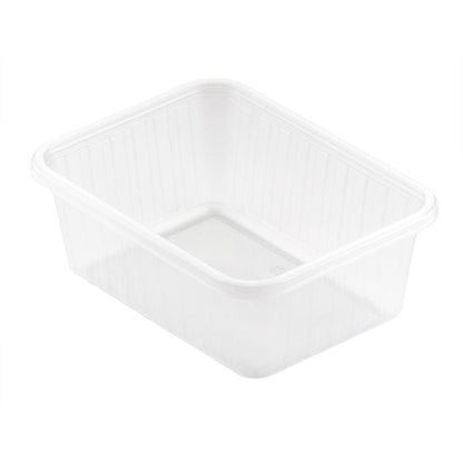 Fixpack® suorakulmainen läpinäkyvä PP 146x110mm Duni GmbH:lta on suorakulmainen, kirkas säilytyslaatikko, jossa on hieman korotetut reunat ja sileä pinta. Tyhjä säiliö seisoo valkoisella pohjalla ja on avoin ylhäältä.