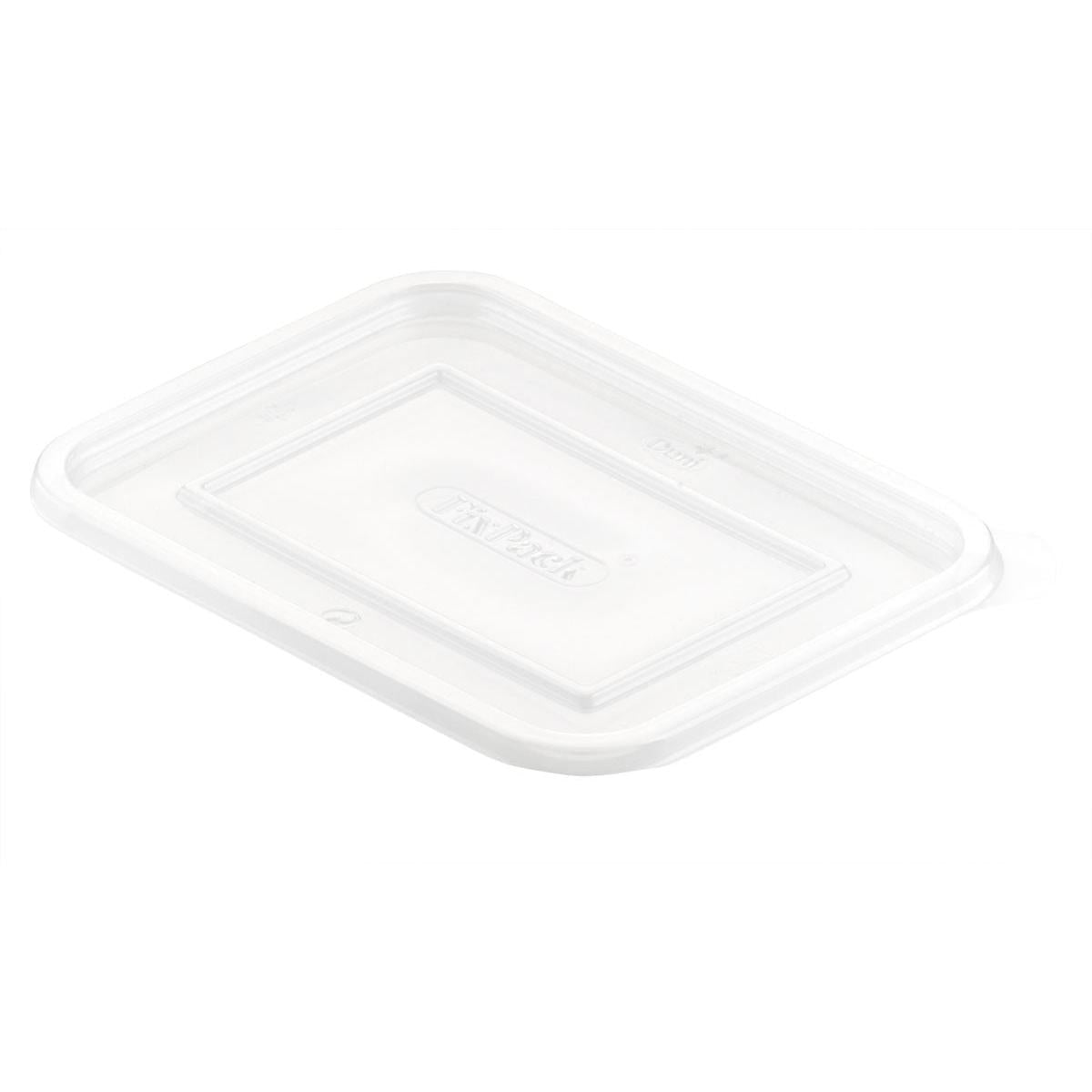 Läpinäkyvä PP-kansi Duni GmbH:ltä (146x110x6 mm) kaiverruksella "FIX PACK", sopii pakkauksiin 159144/159145/160512. Ihanteellinen elintarvikepakkauksiin, pakkaus 50 kappaletta, kuvattu valkoisella taustalla.