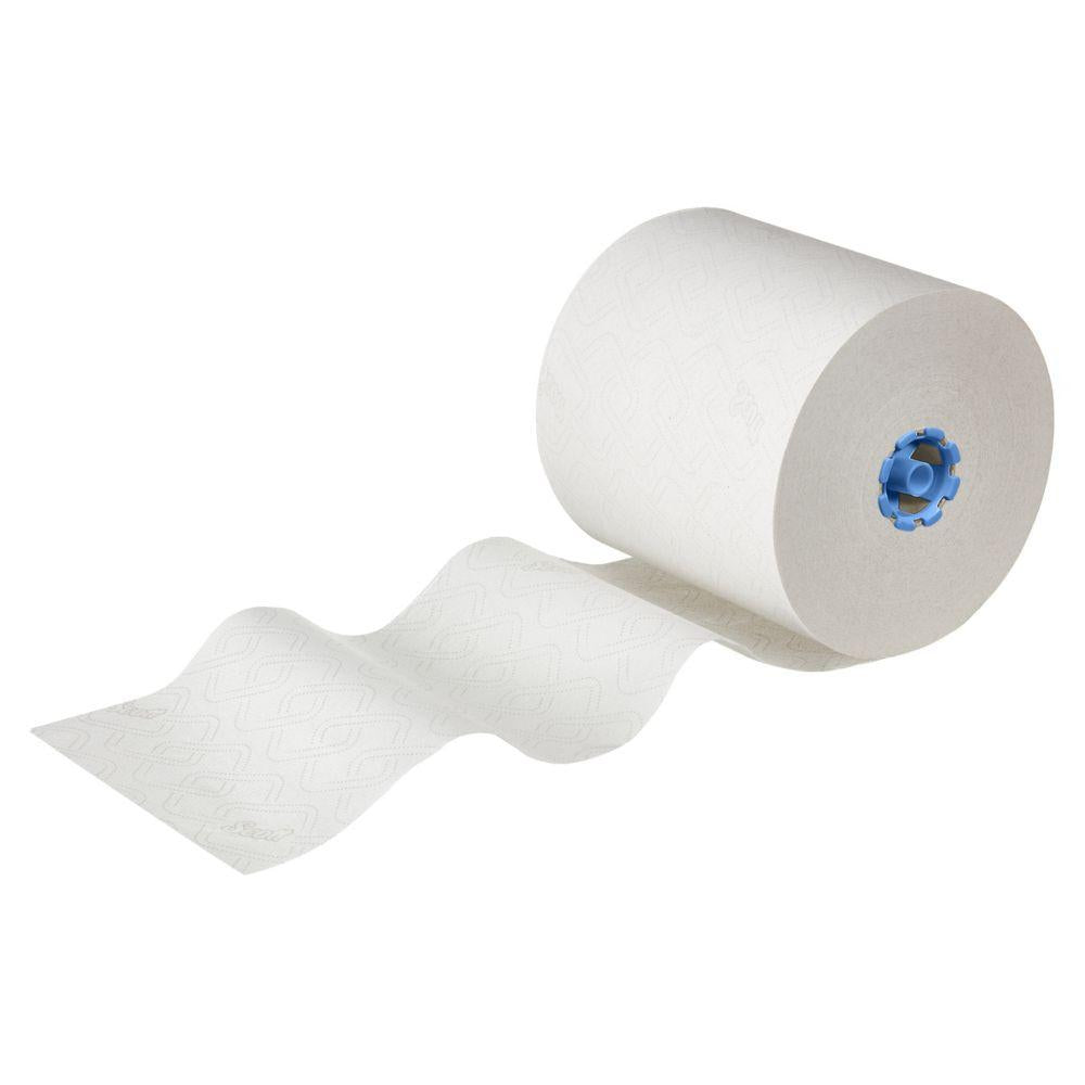 Osittain avattu Scott® Essential™ rullapyyhe 6638 Suurrulla 1-kerroksinen Kimberly-Clark GmbH:lta, valkoinen sinisellä ytimellä ja Airflex-teknologialla, on kuvattu yksivärisellä valkoisella taustalla.