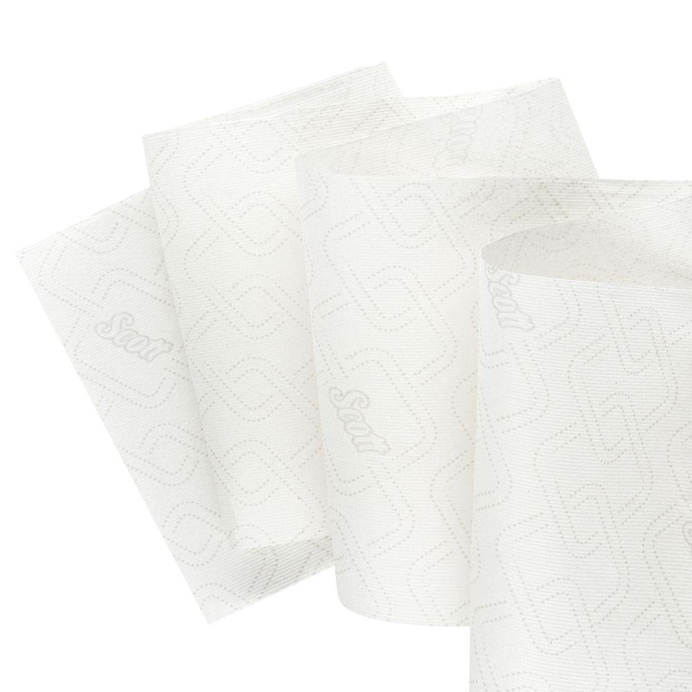 Kuusi pystyasennossa seisovaa Scott® Essential™ rullapyyhettä 6638 Suurrulla Kimberly-Clark GmbH:lta on kuvattu hienovaraisella geometrisella kuviolla ja "Scott"-logolla, joka toistuu heikosti jokaisessa 1-kerroksisessa valkoisessa paperipyyherullassa.