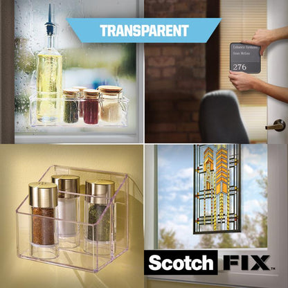 Neljä kuvaa näyttää Scotch-FIX™ läpinäkyvän kaksipuolisen kiinnitysteipin 4910C 3M Deutschland GmbH:ltä, jota käytetään maustepurkkien ja öljypullon kiinnittämiseen lasiin, nimikyltin kiinnittämiseen oveen, lasipurkkien järjestämiseen seinälle ja värilasikoristeen kiinnittämiseen ikkunoihin.