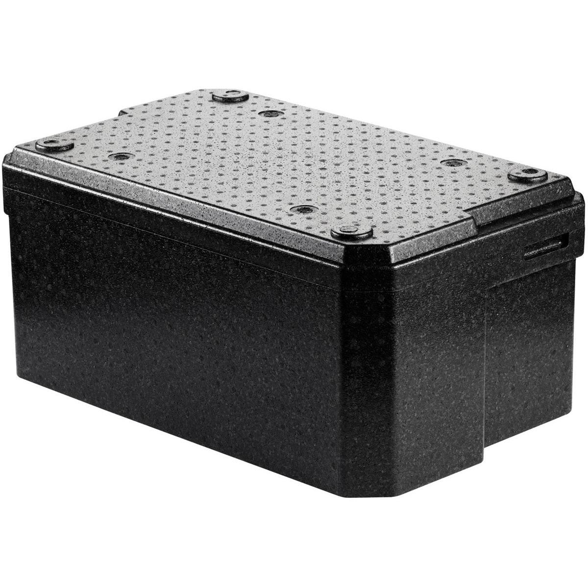 Duni GmbH:n musta suorakulmainen Thermobox 1 Schwarz EPP on muovinen ruokakuljetuslaatikko, jossa on neljällä ruuvilla varustettu, pilkullinen kansi. Se esitetään valkoista taustaa vasten.