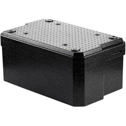 Duni GmbH:n musta suorakulmainen Thermobox 1 Schwarz EPP on muovinen ruokakuljetuslaatikko, jossa on neljällä ruuvilla varustettu, pilkullinen kansi. Se esitetään valkoista taustaa vasten.