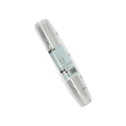 Pino Starpak 50 juomamukia, PS kirkas, jonka tilavuus on 0,2 l, on pakattu muovipakkaukseen, jossa on vaaleansinivalkoinen etiketti tuotetietoineen ja viivakoodi.