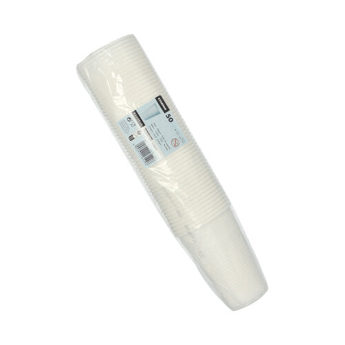 Muovipakattu 50 valkoisen Starpak 0,5L PP-juomamukin pino (Ø 9,5 cm · 13,7 cm) vaahtomuovireunuksella ja tuotetiedoilla suorakulmaisessa etiketissä, joka on kiinnitetty pakkaukseen.