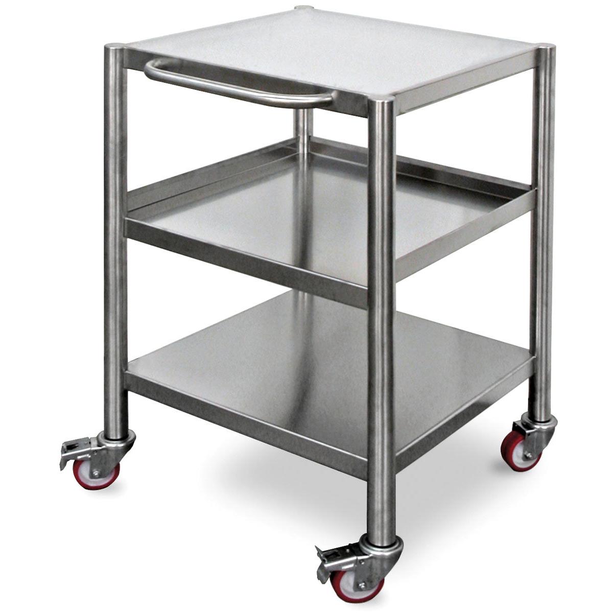 Duni GmbH:n DF22/22F/32/32F hopeanvärinen ruostumattomasta teräksestä valmistettu kärry (600x600x800mm, 1 kappale) sisältää kolme hyllytasoa, sivukahvan ja neljä kääntyvää pyörää - joista kaksi on jarruilla - tehokkaaseen kuljetukseen tyylikkäässä teollisessa muotoilussa.