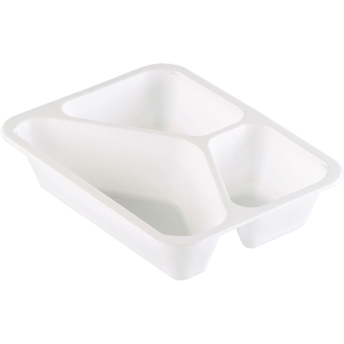 Duni GmbH:n PP-tarjotin Caterline 3 Valkoinen PP 227x178, valkoinen muovitarjotin, jossa on kolme lokeroa, on täydellinen catering-astiasto järjestettyyn ruoan esittelyyn.